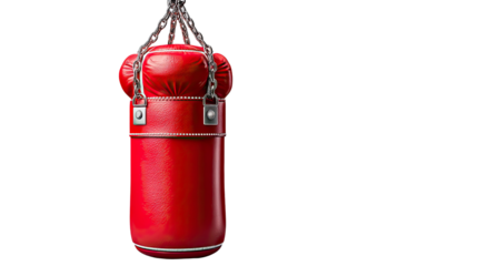 The Power Within the Punch: A vibrant red punching bag hangs suspended, its classic design and robust build embodying strength, discipline, and the art of combat in sharp detail.