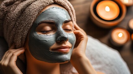 Overhead shot of a woman relaxing during spa session with clay mask applied to her face made with Generative AI technology

