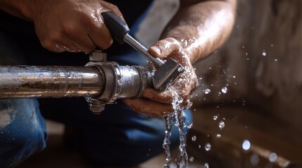Plumber fixing a burst pipe in a basement. Featuring problem-solving and expertise