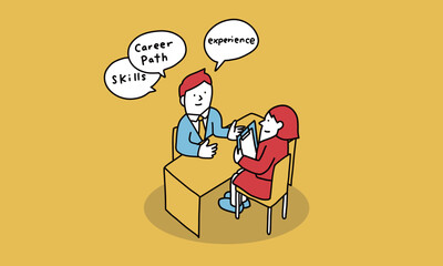 転職エージェントのキャリアコンサルタントと面談する求職者のイメージイラスト