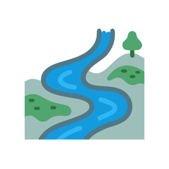 Cartoon waterfall flowing through a hilly, natural landscape