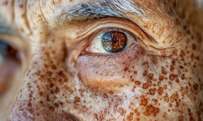 The image shows a close-up of a person's face, emphasizing the appearance of blemishes, dark spots, rough skin, and problem wrinkles, related to healthcare