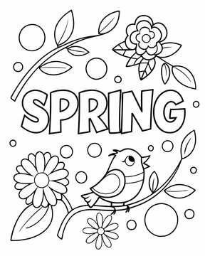 Spring Coloring Page with Flowers, Bird, and Leaves for Kids and Adults