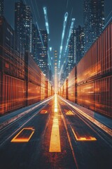 Naklejka premium Perspective Rows Shipping Containers Urban Cityscape Night Futuristic Road Glowing Digital Network Data Flow