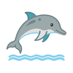 Cute cartoon dolphin leaping over ocean waves isolated