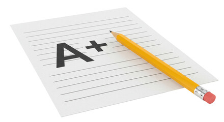 Isolated exam paper with A+ grade and pencil