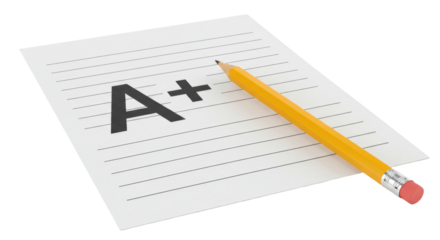 Isolated exam paper with A+ grade and pencil