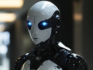 Cybernetic Sentinel: A futuristic android stands as a symbol of technological innovation and the ongoing integration of artificial intelligence. This sleek robot reflects a complex and evolving world.