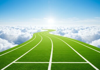Obraz premium Turf Track Ascending Above Clouds to Bright Future: Athletic Ambition, Success, Dreamscape Concept and Fantasy, Bright Sky, Optimism, Inspiration, and Serenity Scene