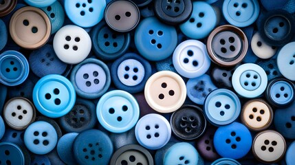 Fototapeta premium Many blue and white sewing buttons are piled together in a close-up shot.