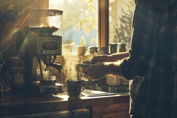 Smart barista making cup of coffee in peaceful indoor scene. Brewing mug of hot drink for drinking in break time express aroma inside warm atmosphere kitchen perfect for beverage advertisement. AIG61.