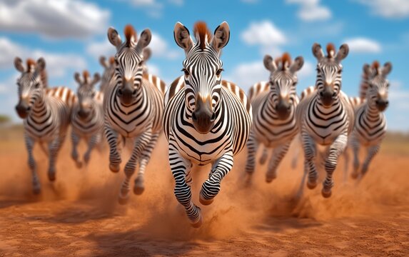 A Majestic Herd of Zebras Running Across the Savanna