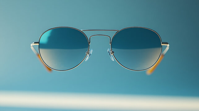 Stylish sunglasses in mid-air against a white and grey background, suitable for fashion promotions