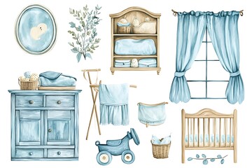 Watercolor nursery decor elements crib, dresser, curtains, shelves, toys.