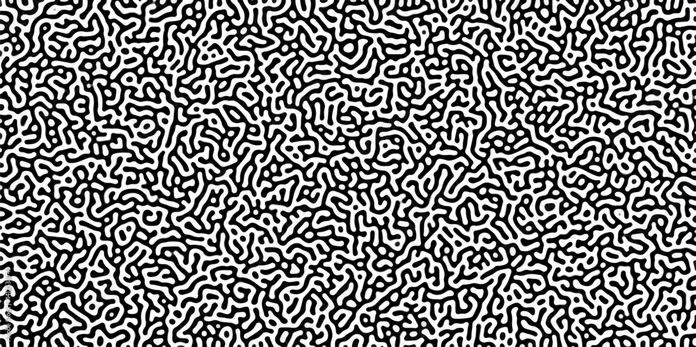 Poster Turing reaction diffusion monochrome seamless pattern with chaotic motion .Linear design with biological shapes. Organic lines in memphis. abstract turing organic wallpaper background .	