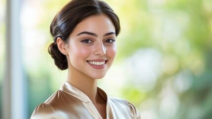 Confident Young Woman with a Bright Smile in Soft Lighting