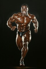 A sun-scorched and grinning bodybuilder sprinting into a dark studio is completely naked