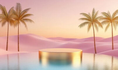 Golden podium desert sunset, palm trees, reflection, product display