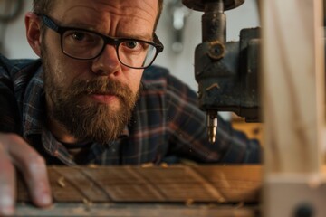 Drill working on wooden plank diy woodworking power tool close-up