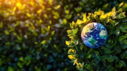 Earth rests atop lush green leaves, highlighting the connection between nature and environmental conservation at sunset