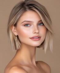 Fototapeta premium A Haircut is characterized by a Beautiful Girl who has Healthy Short Blond Hair and a stylish Hairstyle