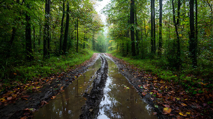 Obraz premium Autumn Forest Path With Muddy Trail