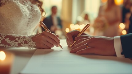 Close-up of bride and groom signing marriage documents during wedding