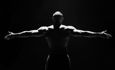 Rearward view of a young male with arms held out to the sides