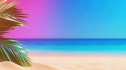 Obraz premium Soft sand meets vibrant ocean waves under a bright blue sky with colorful hues, inviting relaxation and a sense of peace