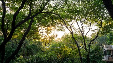Fototapeta premium Sunset Through Lush Green Trees