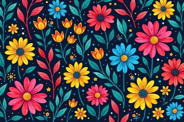 Intricate line art wildflowers in a vibrant, repeating pattern , design, plant, daisy