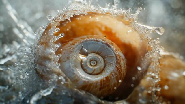 A clear raindrop shining on a magical snail shell spiral, the fascinating symmetry of the spiral is visible through the water drop.