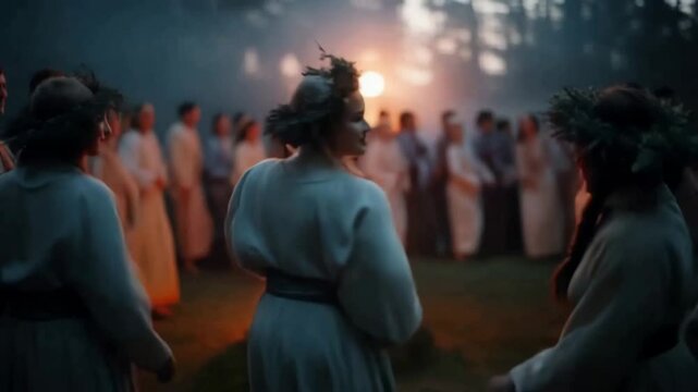 Midsummer Festival. Women with Floral wreathes dancing  around the bonfire in a circle. Folkloric seasonal traditions concept.