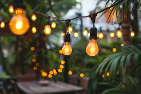 Elegant outdoor networking event with string lights illuminating