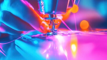 A hand skillfully operates a sewing machine, creating colorful threads and patterns in a lively atmosphere during twilight hours