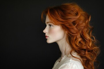 Fototapeta premium A woman with a beautiful appearance and curly hair is set against a gray background