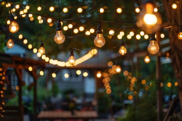Elegant outdoor networking event with string lights illuminating
