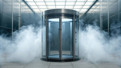 modern revolving door stands in sleek hospital healthcare setting, surrounded by mist, creating mysterious and inviting atmosphere