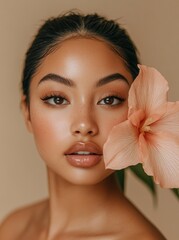 A beautiful young woman with flawless skin is the subject of this portrait, showcasing a model with healthy skin in a close-up shot, highlighting cosmetology, beauty, and spa treatments, with the