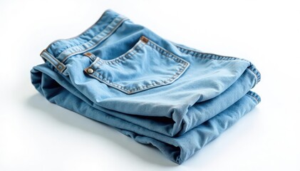 Light wash jeans, neatly folded on pure white, studio, product, denim