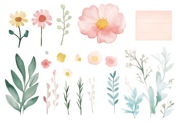 Watercolor floral elements; flowers, leaves, branches, and a blank note.