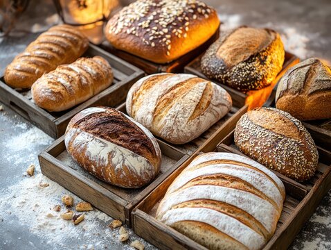 An artisanal bakery setting a variety of bread from around  world, carefully placed vintage wooden trays, scattered flour and warm ambient lighting creating a cozy atmosphere