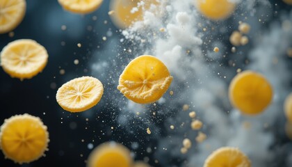 Vibrant Lemon Slices Exploding in a Powder Cloud High-Resolution Food Photography