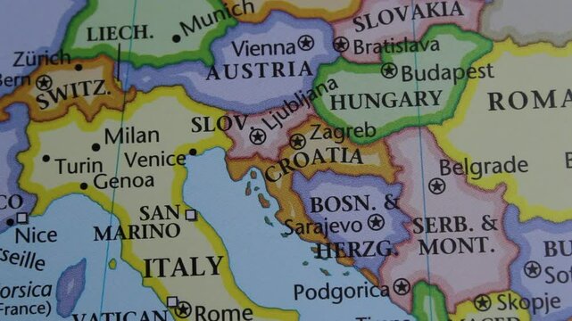 close up of the country of Balkan countries viewed on a wold map as a travel concept. Croatia on a map. Political map of Balkan 
