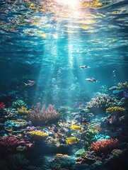 Naklejka premium Underwater Scene with Coral Reef and Sunlight Shining Through the Water
