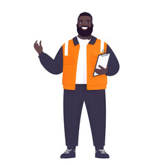 Obraz premium A confident worker in an orange safety vest holds a clipboard and smiles, showcasing a positive attitude. Ideal for illustrating teamwork and professional environments.