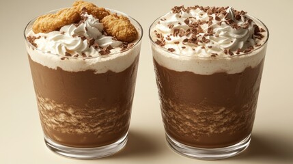 Two glasses of decadent, layered chocolate beverages topped with whipped cream and chocolate chips, garnished with crunchy cookies