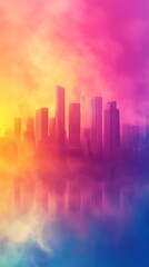 A stunning skyline silhouette against a colorful, dreamy sky with reflections in calm water during sunset.