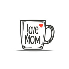 A decorative coffee mug featuring the text 'I love MOM' with a heart symbol, perfect for gifts and celebrations, symbolizing love and appreciation for mothers.