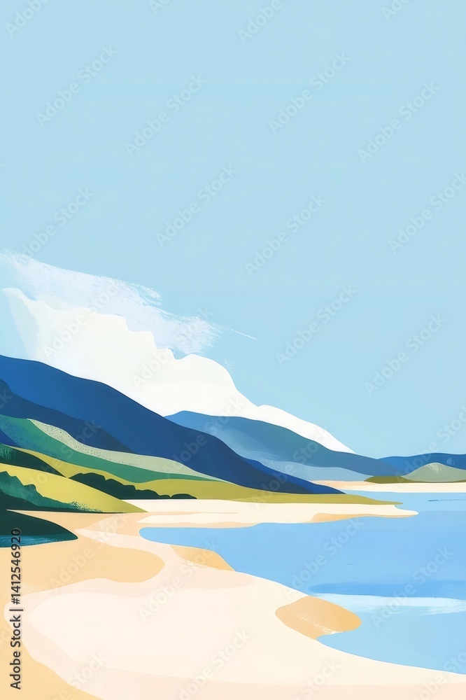 Aufkleber 穏やかなビーチと山並みの風景イラスト 青い空と海 水彩タッチのピクセルアートが夏らしい爽やかさを演出